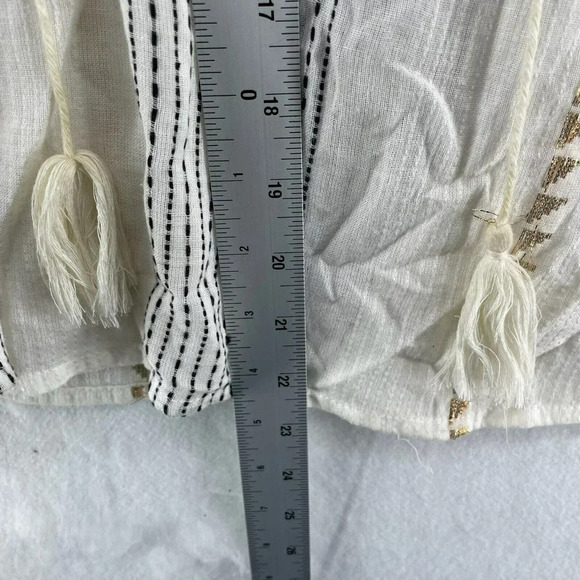 Lovestitch Blouse Women's Sz M Cream Striped Metallic Gold Puff Sleeves Tassel - Picture 4 of 12